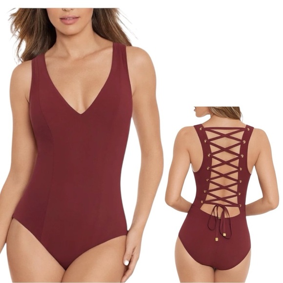 Miraclesuit by Amoressa Lace Up Underwire One Piece Tummy Control Swimsuit 14 - Picture 1 of 16